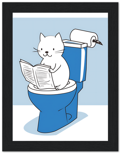 Illustration of a cat reading a newspaper while sitting on a toilet.