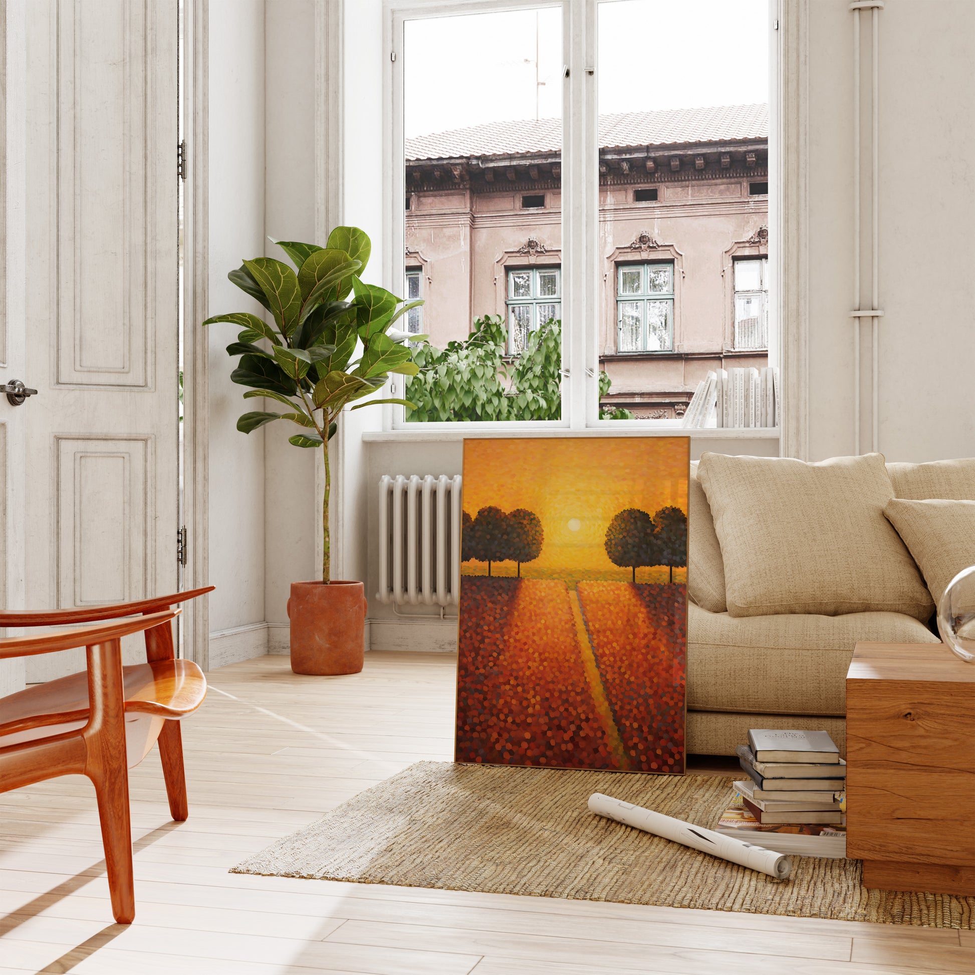 Bright art canvas in a cozy living room with plants and natural light.