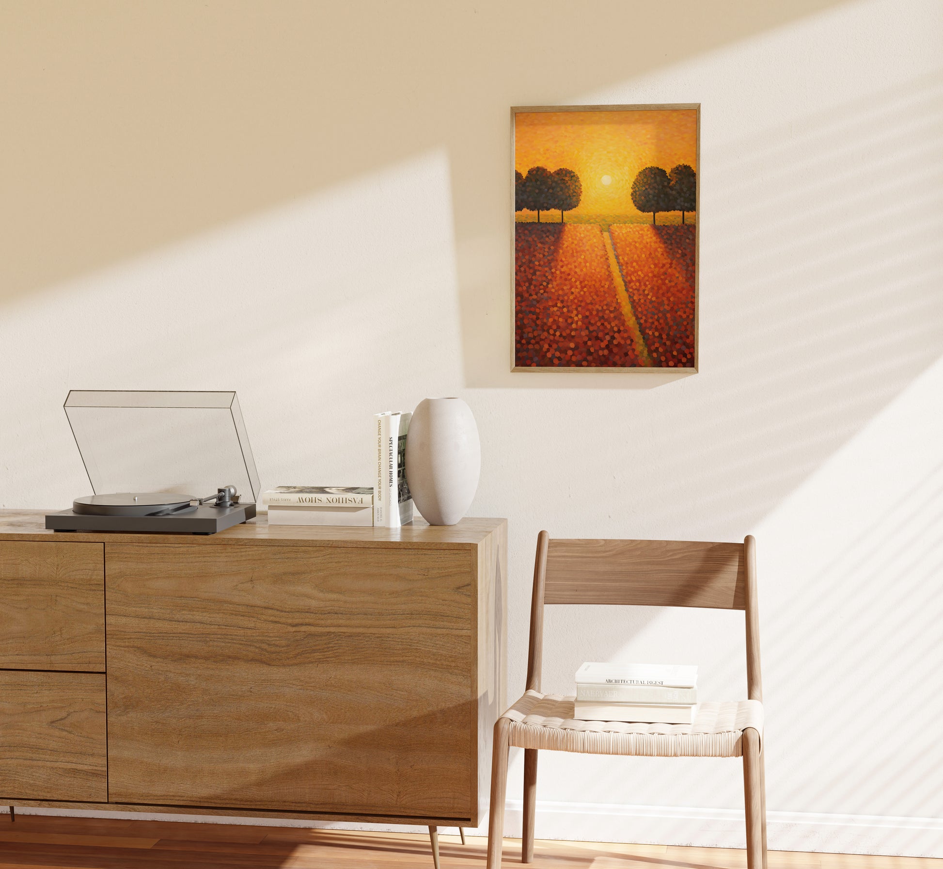 Modern room with wooden furniture and a framed painting of a sunset above.