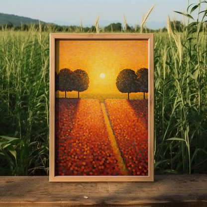 A framed painting of a sunset over a poppy field with trees, displayed outdoors.