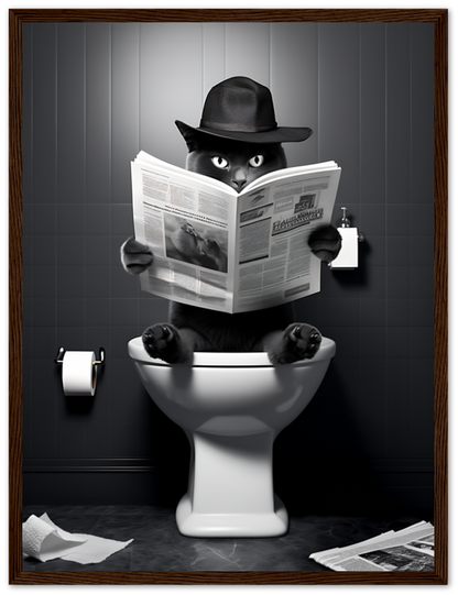 An anthropomorphic cat wearing a hat, reading a newspaper while sitting on a toilet.