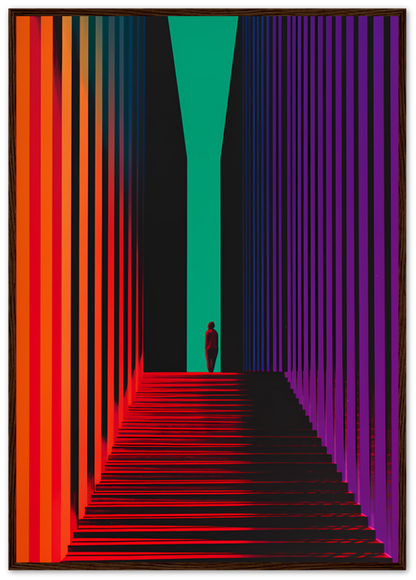 A person silhouetted against a vibrant, colorful striped hallway with a teal light at the end.