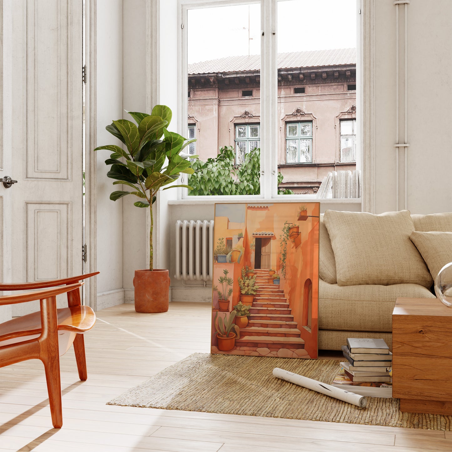 Bright living room with a comfortable couch, plants, and a canvas painting leaning against the wall.
