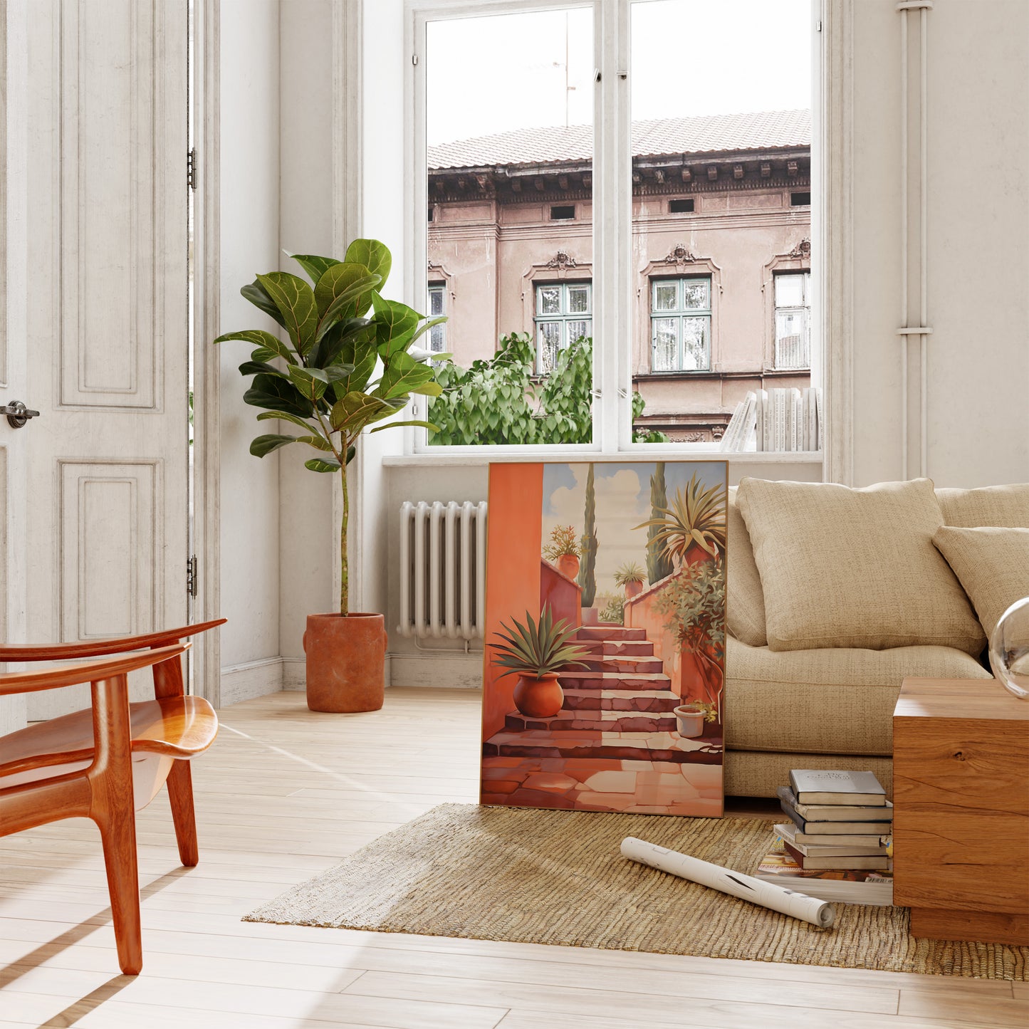 A cozy living room with a sofa, plants, and an open window with a city view.