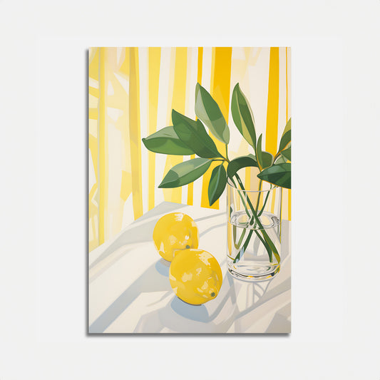 A painting of lemons and a plant in a glass vase against a backdrop of yellow and white stripes.