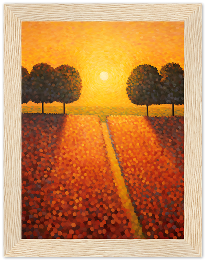Impressionist-style painting of a sunset over a tree-lined path.