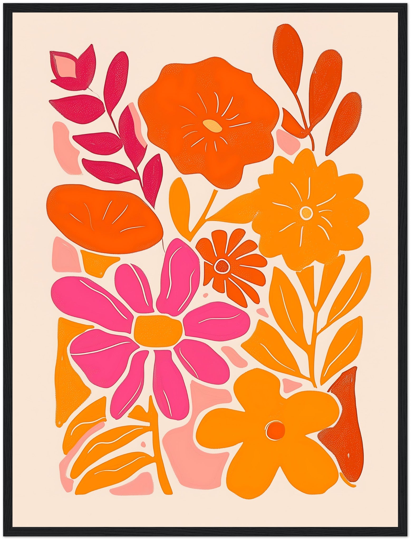 Colorful abstract floral artwork in a frame.