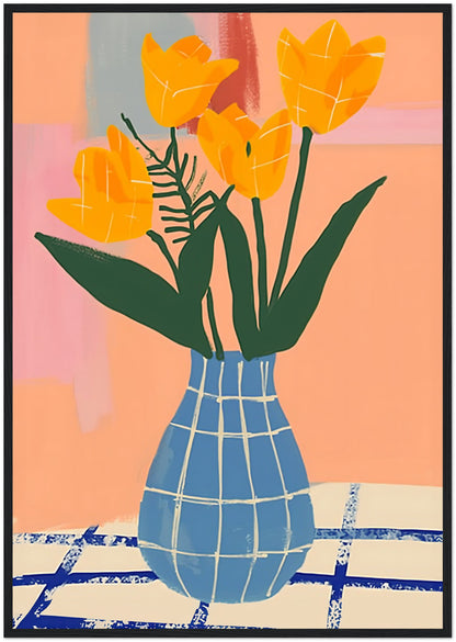 Abstract painting of yellow tulips in a blue checked vase against colorful background.