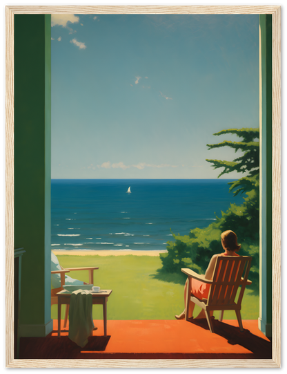 Painting of a person sitting on a chair watching the sea from a porch framed by a wooden doorway.