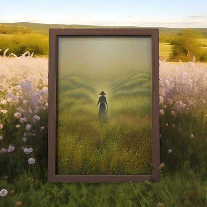 A painting of a person in a field within a frame set against a scenic backdrop.