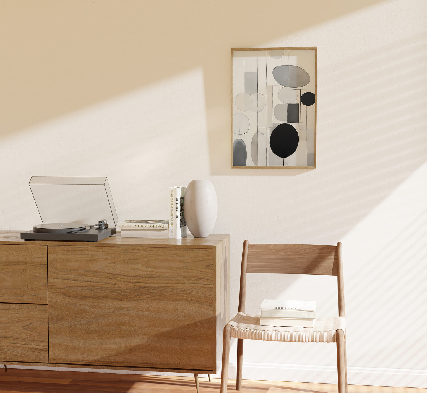 A minimalist room with an abstract painting, wooden furniture, a turntable, and a chair.