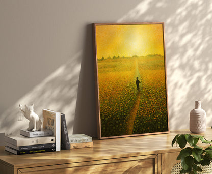 A warm-toned painting of a landscape with a sunlit path stands beside books on a wooden sideboard.