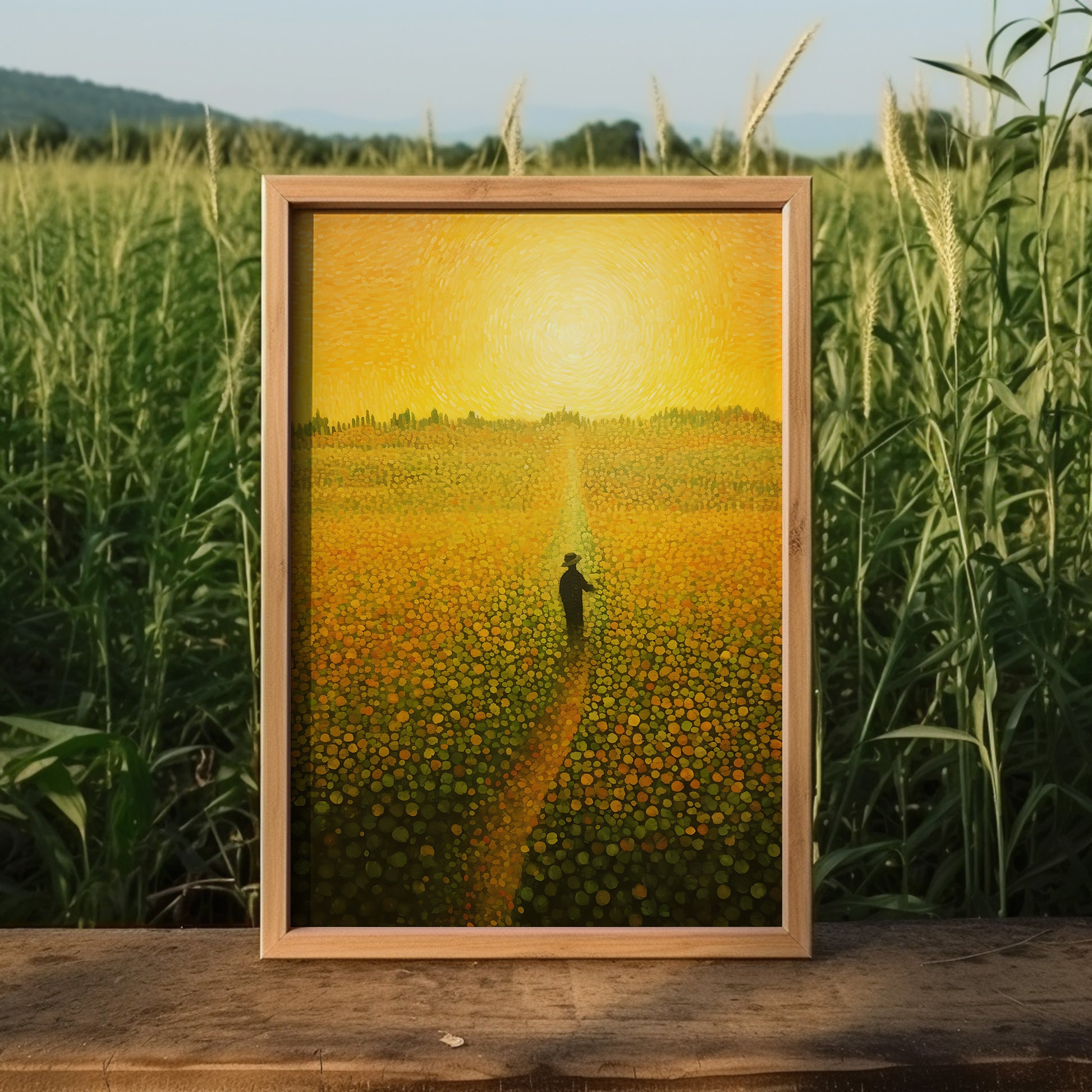 A framed painting of a person standing in a sunlit field displayed outdoors.