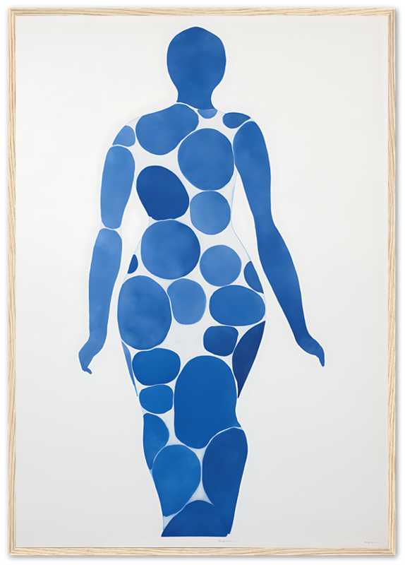 Abstract representation of a human figure composed of blue circular shapes against a white background.