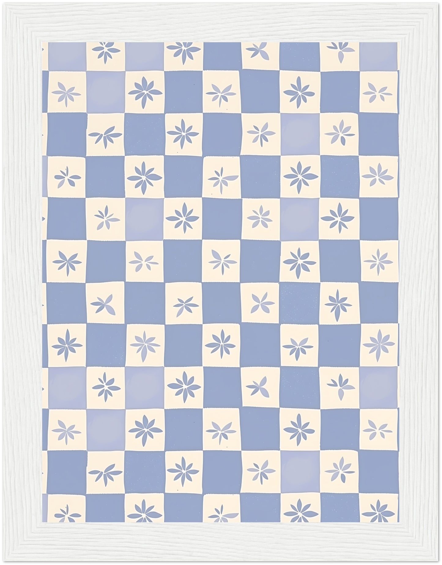 A framed checkerboard pattern with alternating blue squares and white squares, each featuring a flower design.