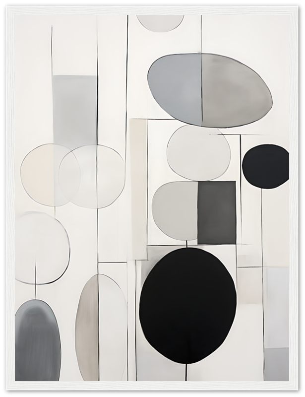 Modern abstract art with geometrical shapes and circles in a neutral palette, framed in wood.