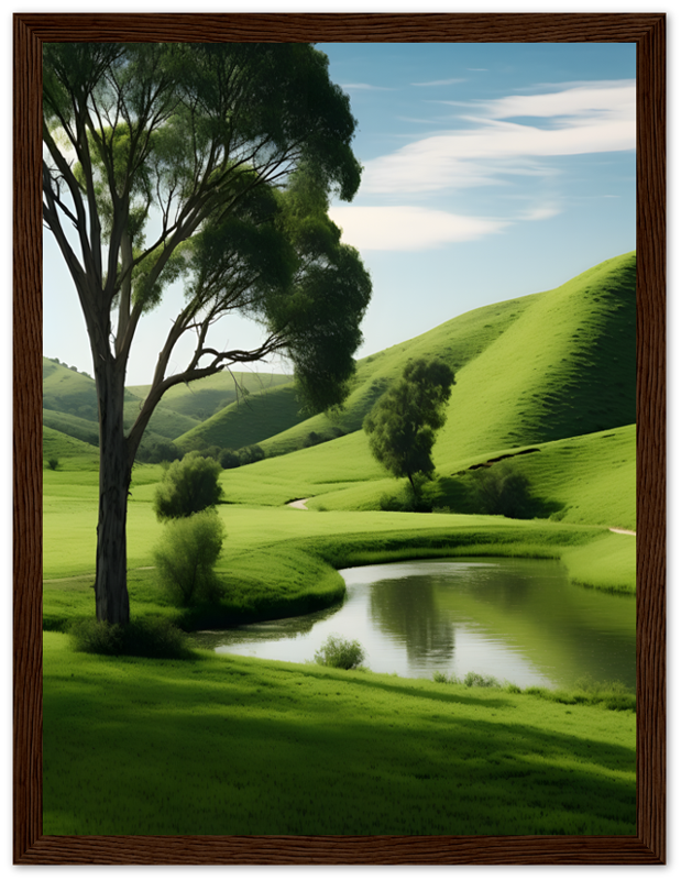 A serene landscape painting within a wooden frame, featuring lush green hills and a tranquil pond.