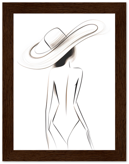 Illustration of a stylized woman in a hat, viewed from behind, in a wooden frame.