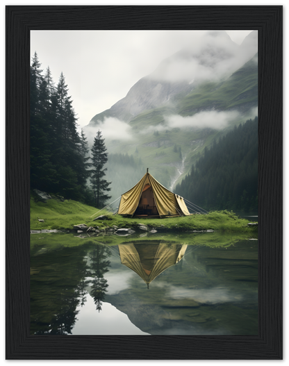 A serene lakeside camping scene with a tent reflected in still water, surrounded by misty mountains.