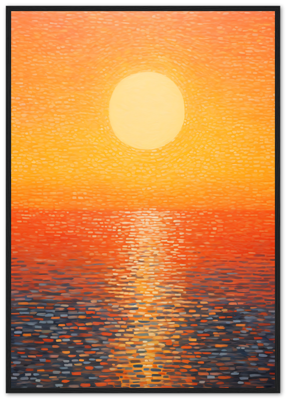 A framed painting of a sunset with a large sun over a body of water, in warm colors.