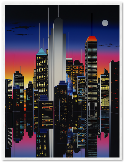 A stylized cityscape at night with illuminated buildings, framed as artwork.