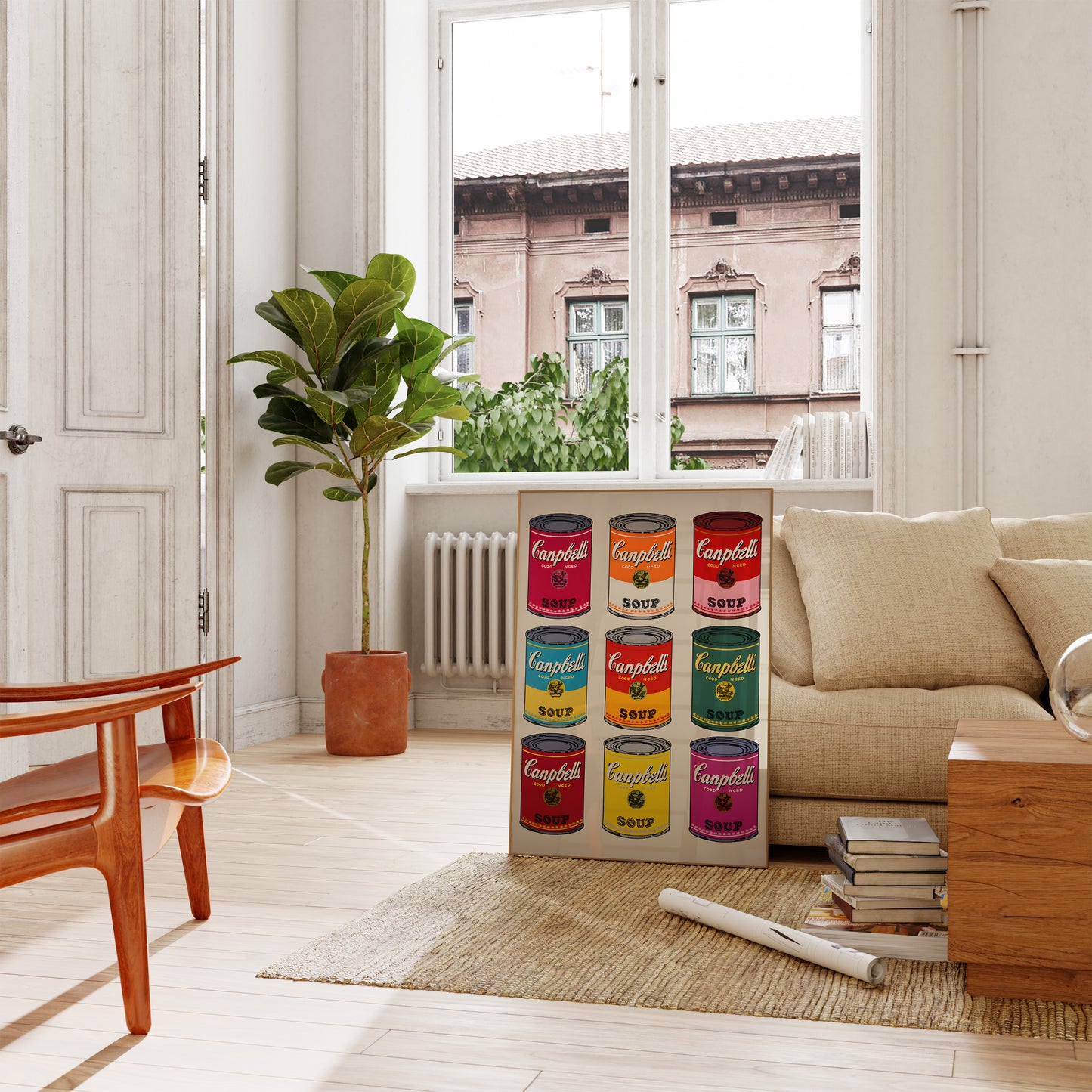 Bright living room with Andy Warhol's Campbell's Soup Cans prints and stylish furniture.