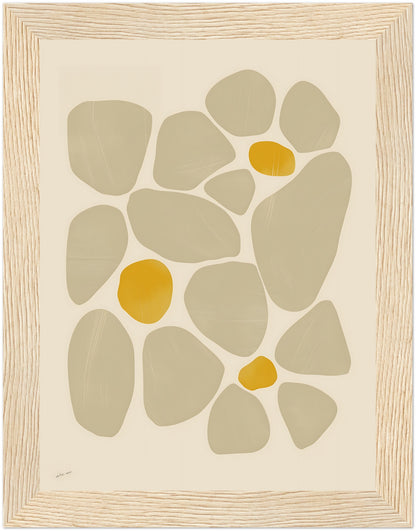 Abstract artwork featuring gray and yellow pebble shapes on a cream background, framed in brown.