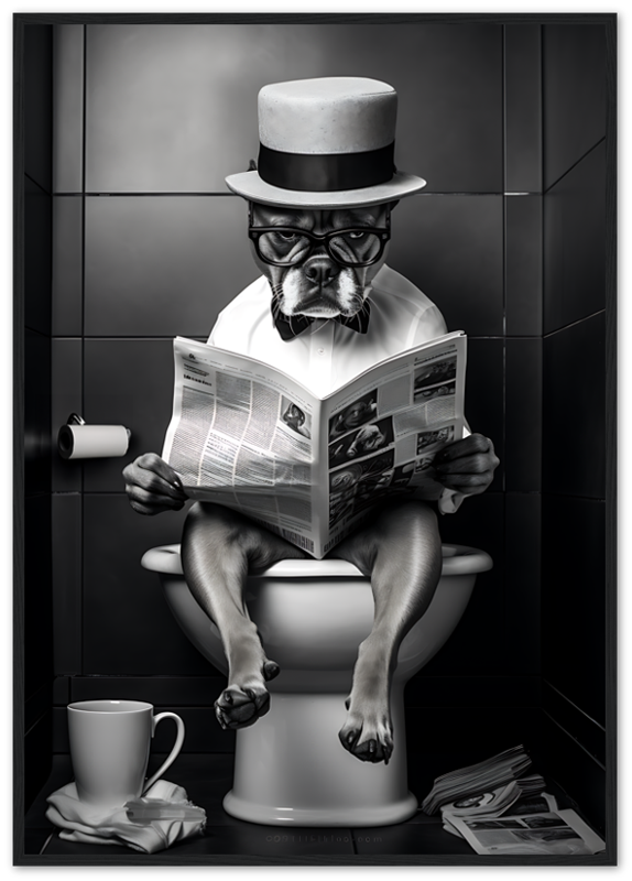 A dog with glasses and a hat reading a newspaper on a toilet.