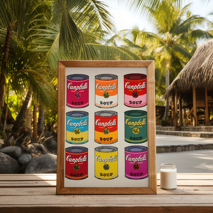 Framed poster of colorful Campbell's soup cans on a wooden table with tropical background.