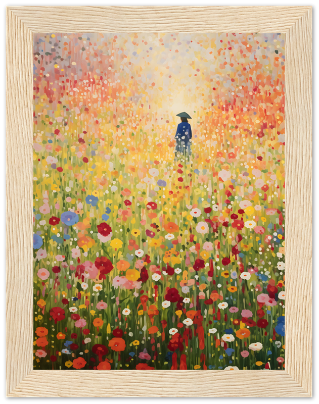 A painting of a person standing amidst a vibrant field of multicolored flowers.