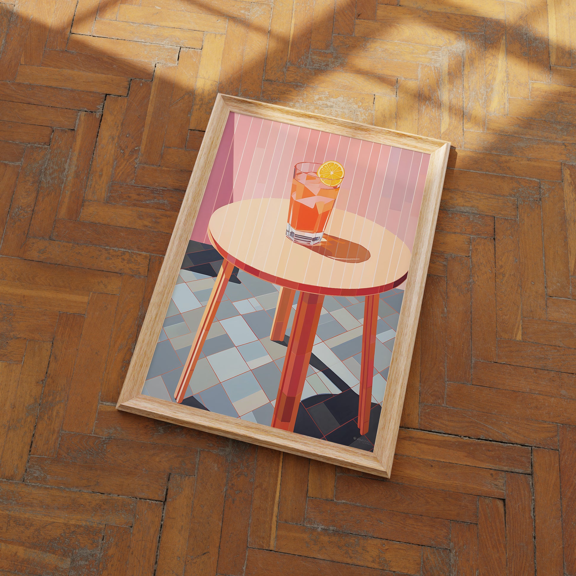 An illustrated poster of a drink on a table placed on a wooden floor.
