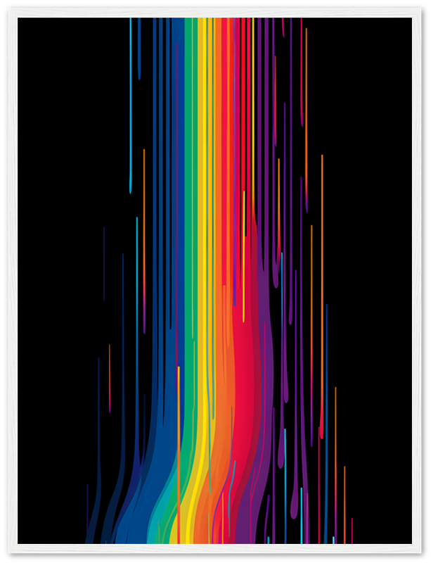 "Colorful abstract streaks of paint dripping down on a black background, framed picture."