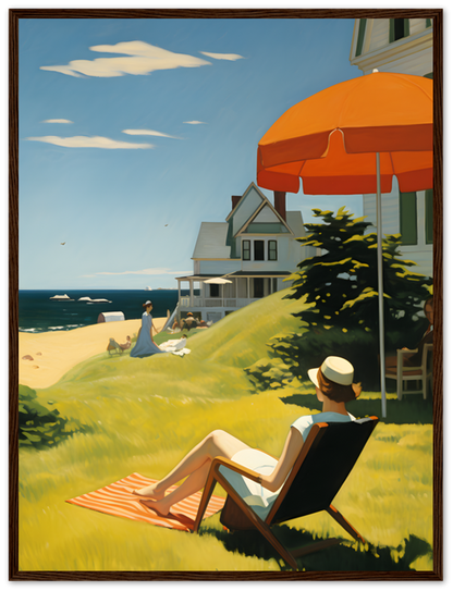A painting of a person relaxing on a beach chair with an ocean view, under an umbrella, framed in wood.