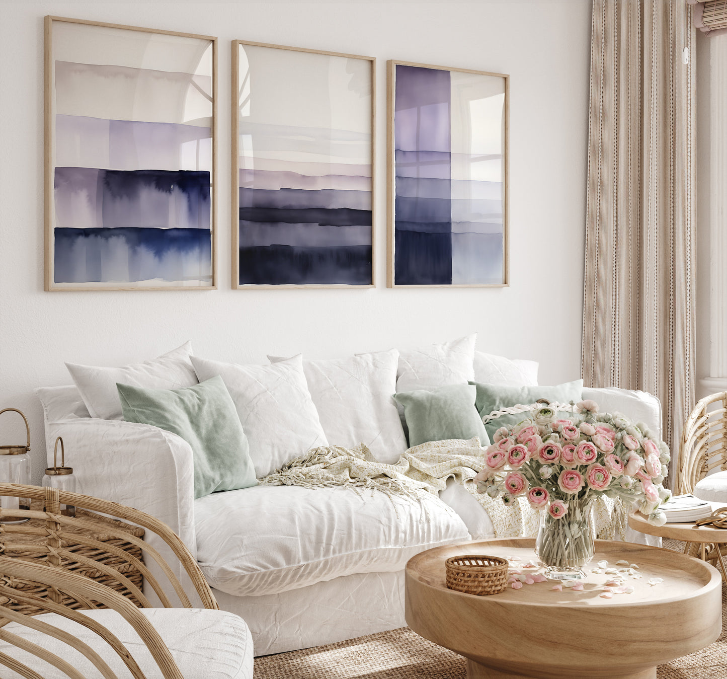 A cozy bedroom with a white bed, pastel pillows, and abstract wall art.