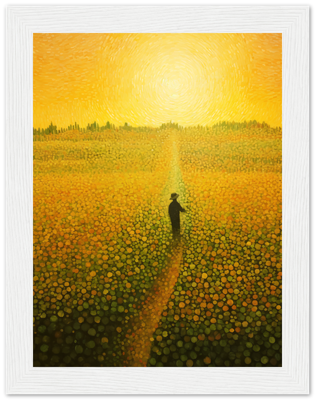 A painting of a person standing in a vibrant field of flowers with a swirling yellow sky.