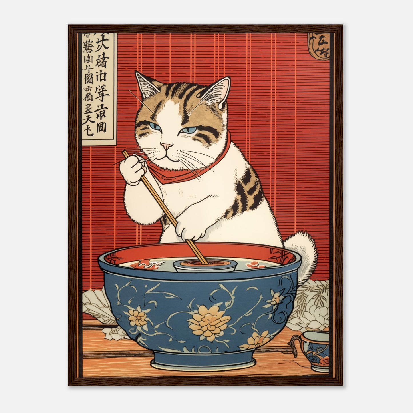 A traditional Japanese woodblock print of a cat eating from a bowl with chopsticks.