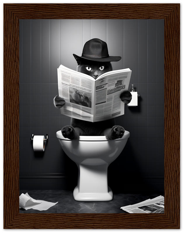 A cat in a fedora reading a newspaper while sitting on a toilet.