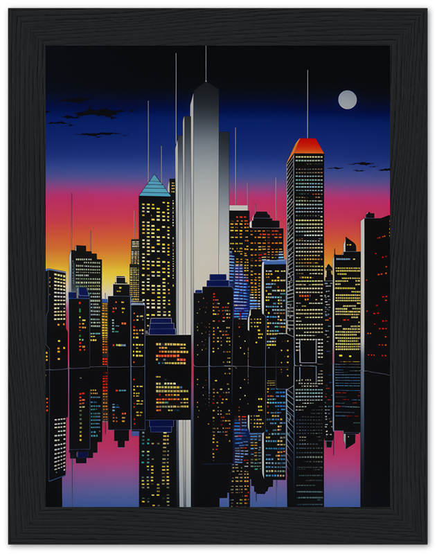 Stylized city skyline at night with illuminated buildings and a full moon, framed as artwork.