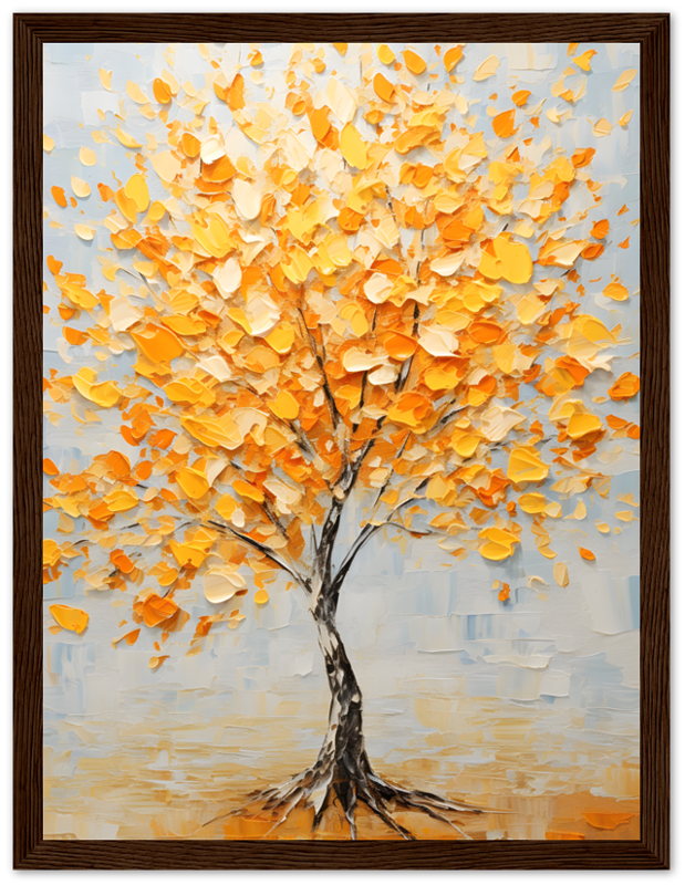 A framed painting of an abstract tree with golden and orange leaves.