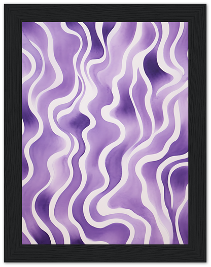 "Framed abstract painting with purple wavy lines on a light background."