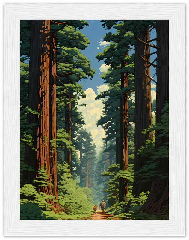 Illustration of two people walking on a path through a towering redwood forest.