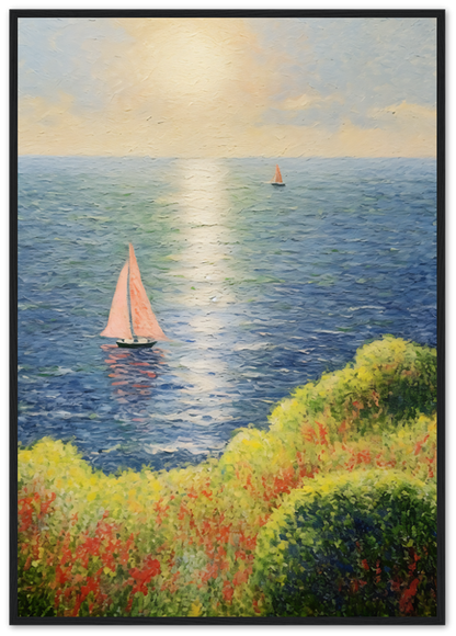 Painting of sailboats on a calm sea with sunlight reflecting on water, framed by a wooden frame.