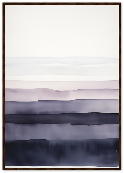 A framed abstract landscape painting with layered shades of purple and blue.