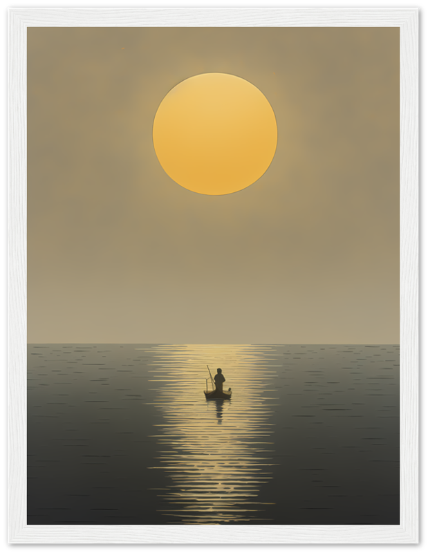 A framed image of a solitary fisherman on a calm sea at sunset.