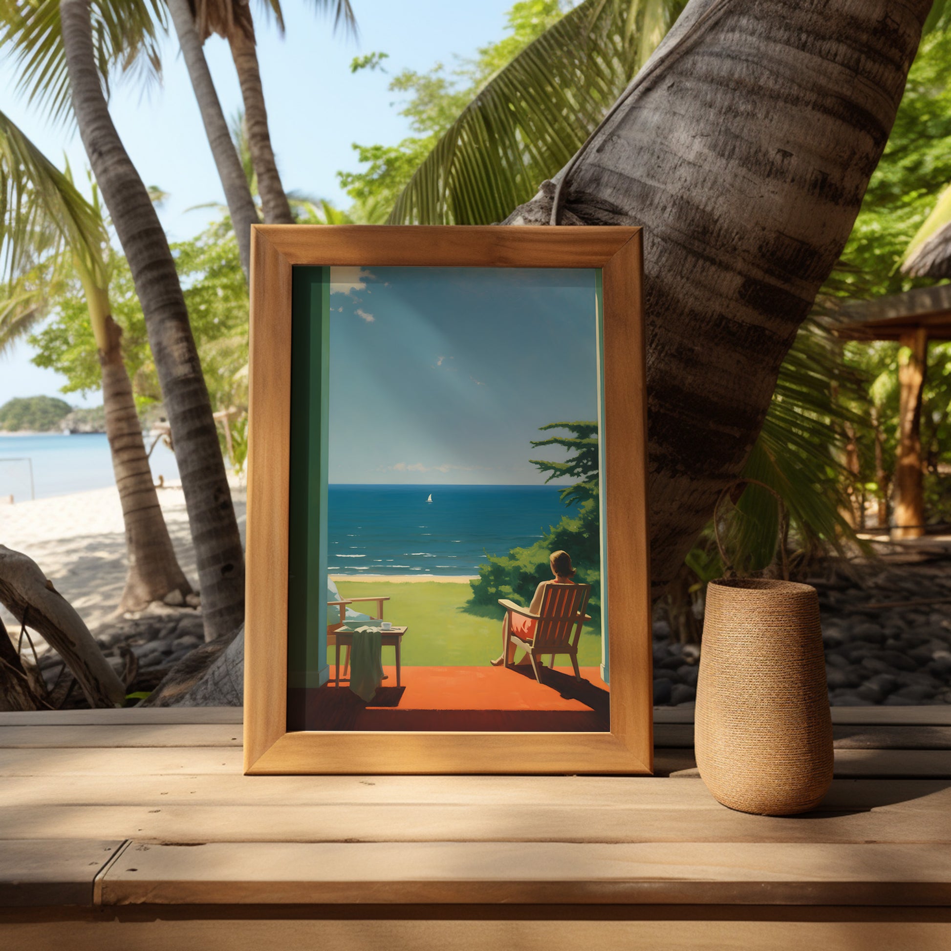 A framed painting of a person sitting by the sea, placed on a wooden deck with tropical surroundings.