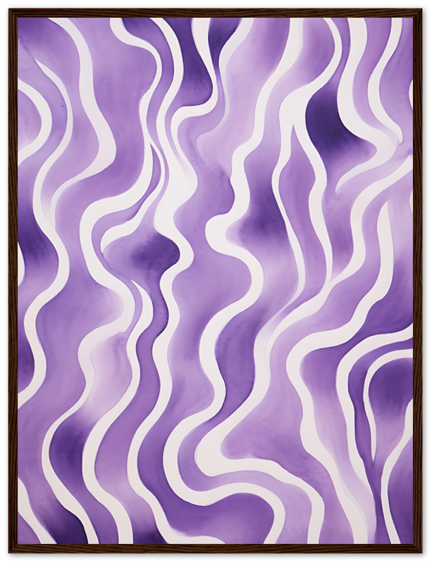 Abstract purple wavy lines painting with a wooden frame.
