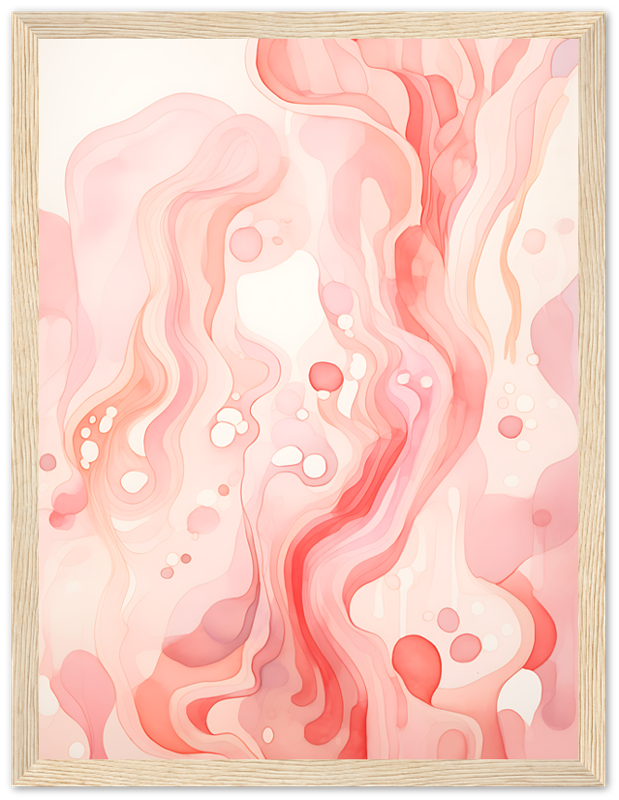 Abstract pink and white fluid art print framed in wood.