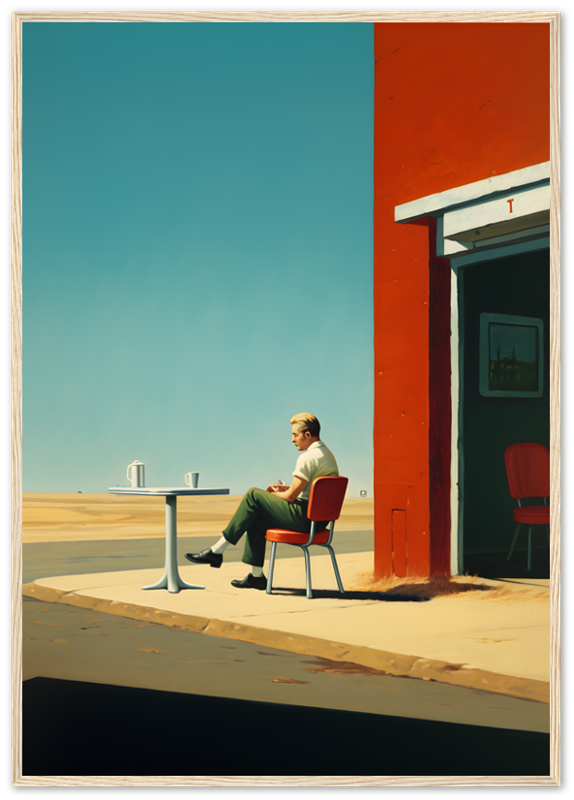 A person sitting by a table outside a building with a bright red wall under a clear sky.