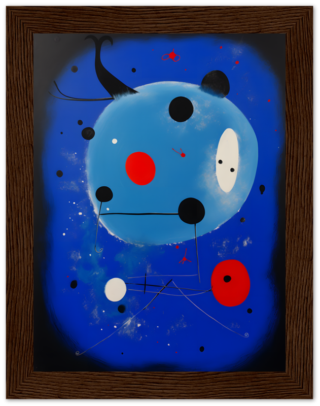 Abstract painting of a blue sphere with whimsical shapes in a wooden frame.