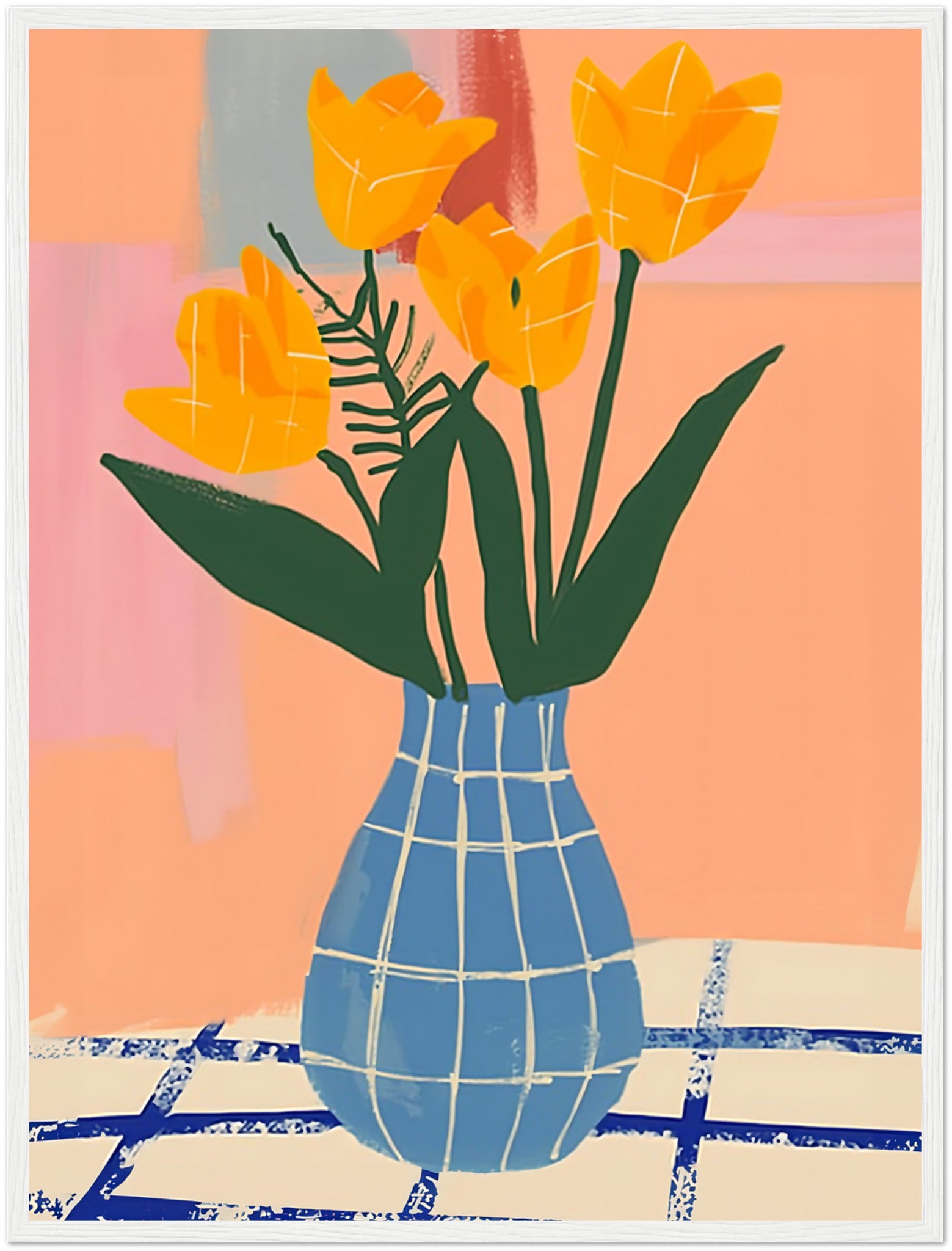 Abstract painting of yellow tulips in a blue checked vase against colorful background.